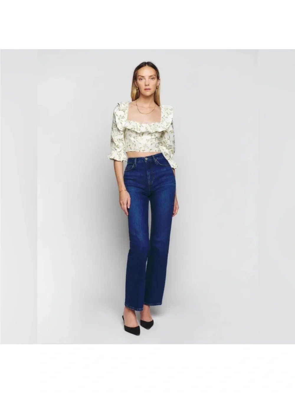 Reformation Edgewater Linen Botanical Floral Ruffle Puff Sleeve Top Size 0